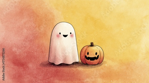 Cheerful Watercolor Ghost and Jack-O-Lantern with Textured Background