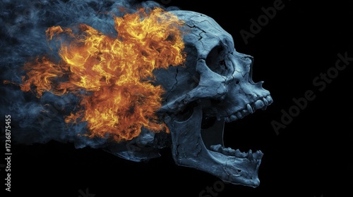 Burning Skull Profile with Smoke and Flames on a Dark Background