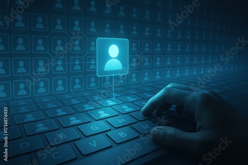 Hand pressing keyboard with holographic person icon symbolizing digital recruitment and HR
