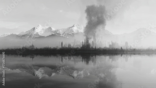 A monochrome, long-shot depiction of a skyline obscured by smoke, water, and mountains