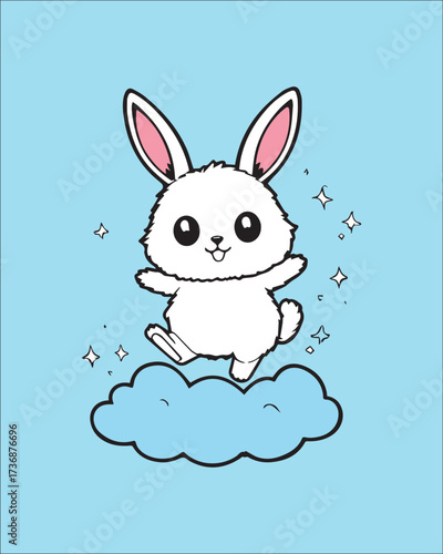 A vibrant and energetic cartoon illustration of a happy white bunny jumping high on a cloud with sparkling stars