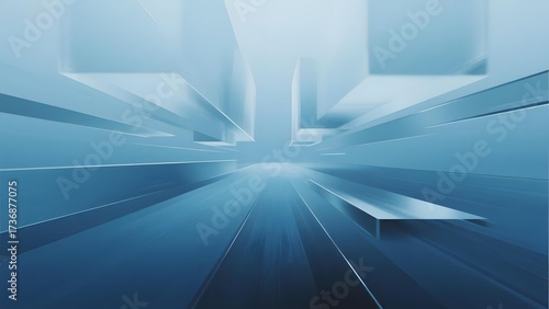 Abstract futuristic corridor with blue geometric structures and motion blur effect