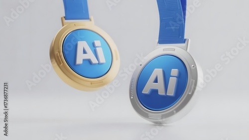 Two medals with 'Ai' inscribed on blue circular faces, one gold and one silver, hanging from blue ribbons against a neutral background.