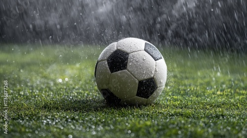 Close-up of a soccer ball resting on a wet grassy field under heavy rain with droplets splashing around creating a dramatic and immersive atmosphere