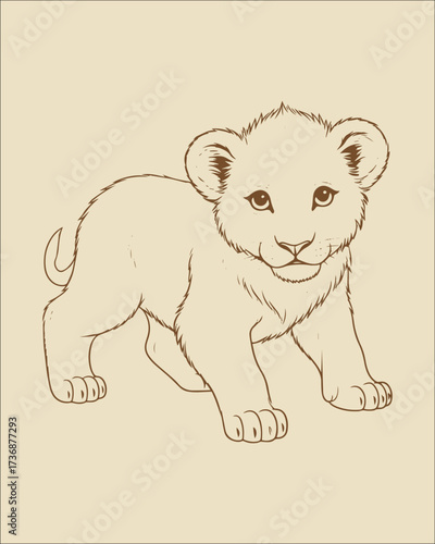 A charming, warm-toned hand-drawn style illustration of a young lion cub standing. The soft lines and gentle appearance are ideal for children's designs