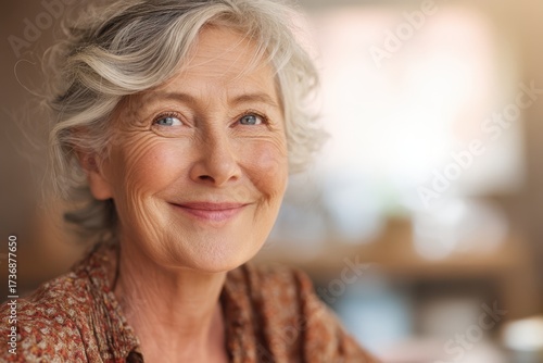 Senior woman with short gray hair and a gentle smile looks directly at the camera. Soft lighting enhances her facial features, creating a warm and inviting atmosphere