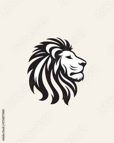 A majestic and strong black and white vector logo showing a lion's head in a side profile. The powerful mane and regal expression are perfect for luxury branding