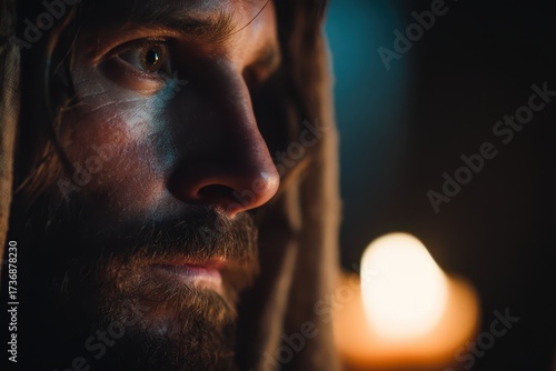 A bearded man in a hood, ga...