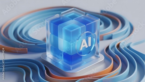 Abstract digital representation of artificial intelligence with a transparent blue cube and swirling patterns