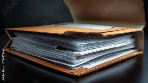 Open brown folder filled with documents and papers on a dark surface.