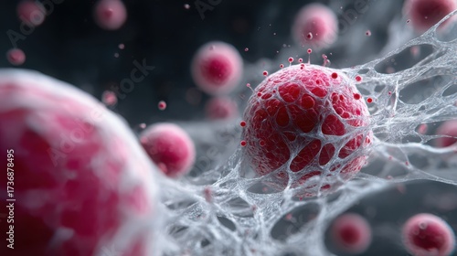 Red spheres with intricate ...