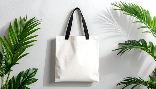 Tote Bag Mockup on Textured White Surface with Green Tropical Foliage and Leaf Shadows for Eco Friendly Lifestyle Presentation