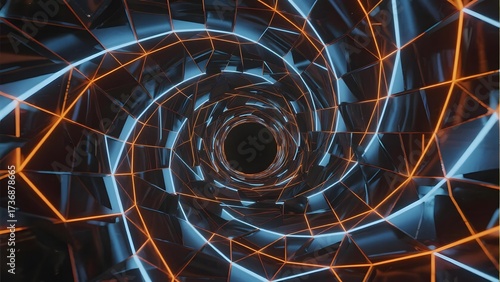 Abstract digital tunnel with glowing orange and blue geometric lines forming a spiral vortex