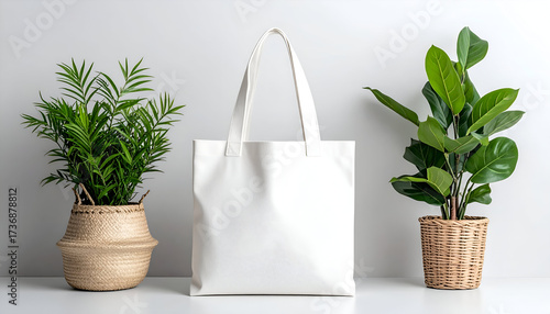 White Canvas Tote Bag Mockup with Green Plants in Weaved Baskets Against a Light Gray Background
