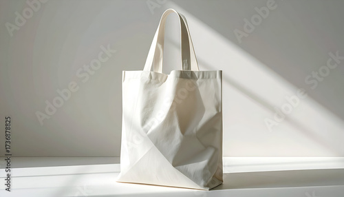 White Canvas Tote Bag on White Background with Shadow Play Abstract Geometric Design Environmentally Friendly Sustainable Choice Still Life