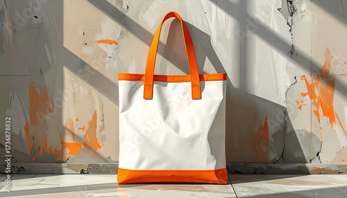 White Canvas Tote Bag with Orange Accents Leaning Against a Textured Wall with Sunlight and Shadow Patterns in a Neutral Toned Interior