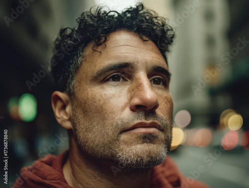 Curly-haired man gazes to t...