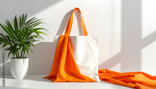 White Canvas Tote Bag with Orange Fabric Decoration Near Green Potted Plant on White Surface Under Sunlight