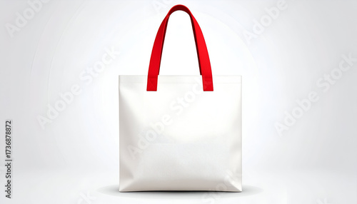 White Cotton Bag with Red Handles on White Background Mockup