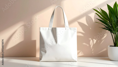 White Cotton Tote Bag Mockup on a Light Beige Surface with Decorative Green Plant and Window Shadow, Neutral Background