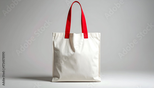 White Cotton Tote Bag with Bright Red Handles on Light Gray Gradient Background in Studio Lighting Mockup for Custom Branding and Eco Friendly Shopping