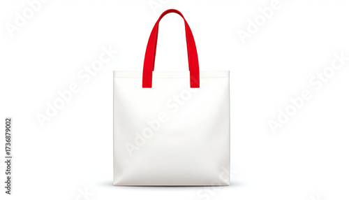 White Shopping Bag with Red Handles on White Background for Retail Mockup