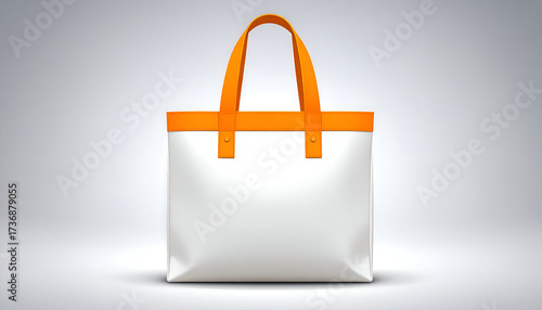 White Tote Bag with Bright Orange Handles on Light Gray Background Studio Shot