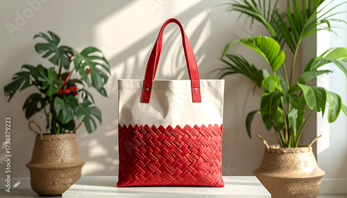 Woven Red and White Tote Bag with Plants on Beige Background