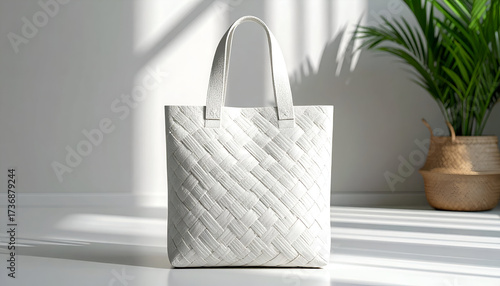 Woven White Tote Bag Placed on White Surface with Houseplant and Morning Light Casting Shadow in Neutral Background Studio Shot