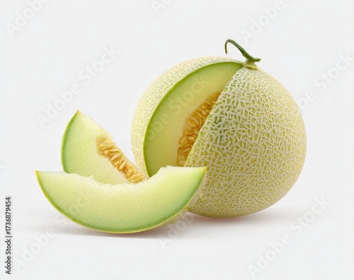 Close-up of a cantaloupe with a slice, revealing juicy interior against white