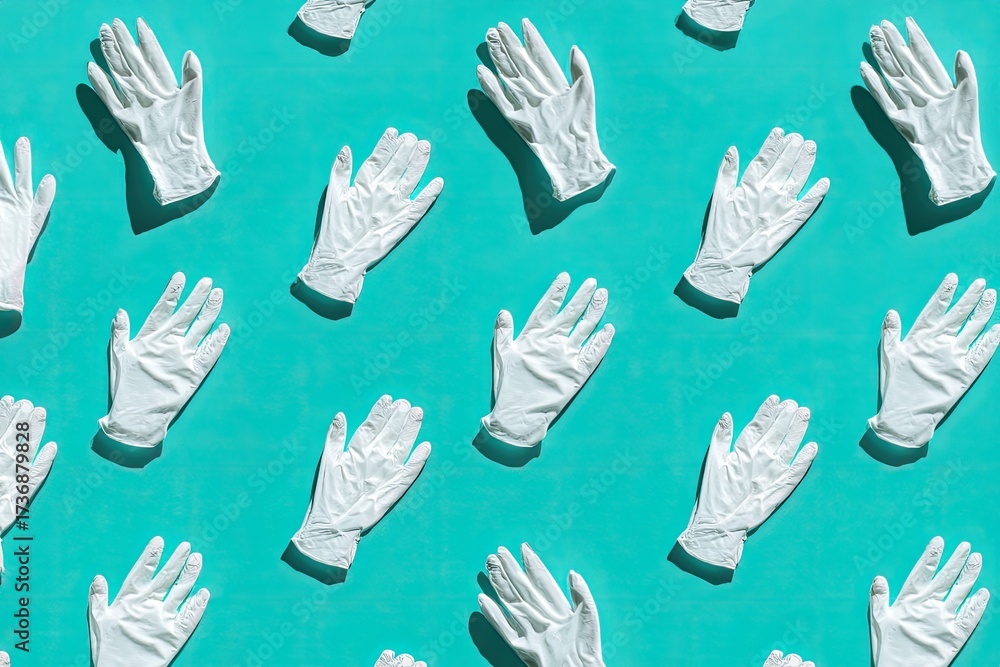 Fototapeta premium A teal background with a repeating pattern of white medical gloves casting shadows