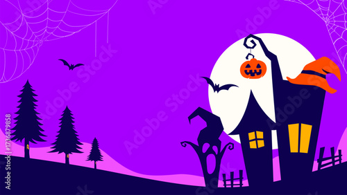 Halloween night scene vector with pumpkins, haunted house, full moon, and spider webs. Cute cartoon design style. Perfect for seasonal designs, party themes, and spooky decorations. Funny spooky Bg