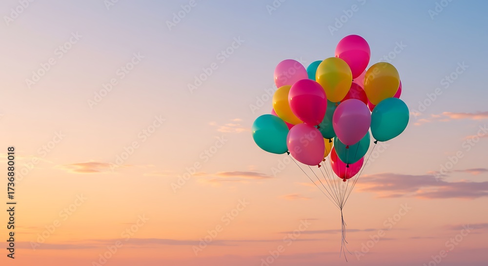Fototapeta premium Colorful Balloons Against Beautiful Sunset Sky, Celebration Background