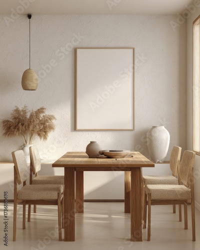 Serene Dining Room with Natural Light, Minimalist Decor, and Warm Earth Tones.
