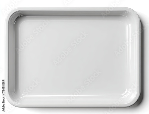 A high-angle, full shot of a blank, rectangular, white food tray.  Smooth, glossy surface