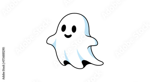 cute cartoon ghost floating with a friendly smile on a white background perfect for halloween illustrations design resources or childrens books.