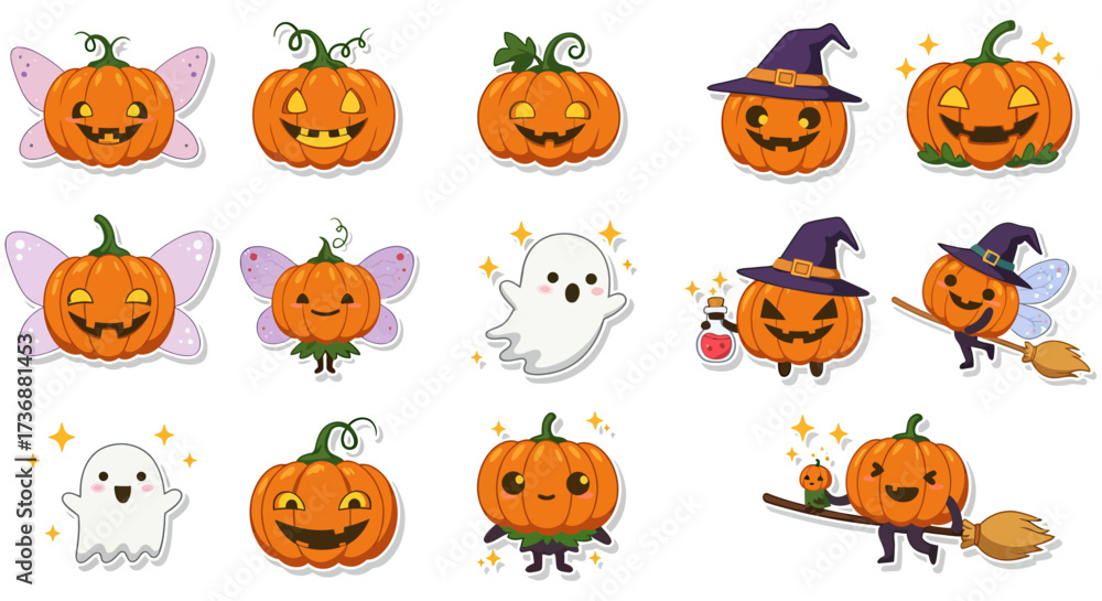 Fototapeta premium halloween pumpkins characters stickers set cute pumpkins in costumes and ghosts for holiday decoration greeting cards and spooky season designs