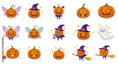 halloween pumpkin characters stickers whimsical pumpkins dressed as witches fairies and ghosts perfect for spooky season crafts and seasonal designs.