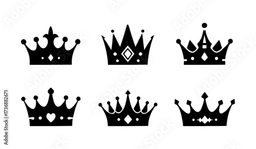 Collection of elegant black crown icons set, various royal and queen symbols.