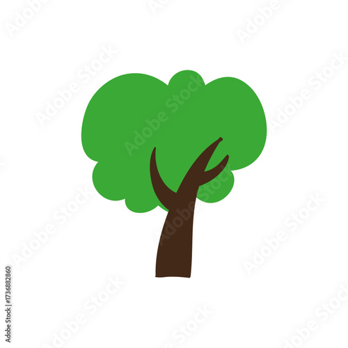 Simple green tree illustration with a brown trunk, representing nature, growth, and environmental themes in a charming cartoon style for design projects