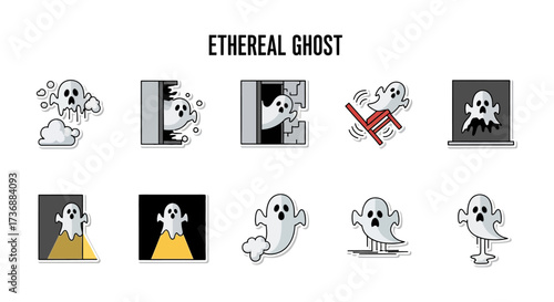 ethereal ghost vector illustrations spooky apparitions interacting with the world adding a whimsical otherworldly touch for halloween designs and ghostly projects.