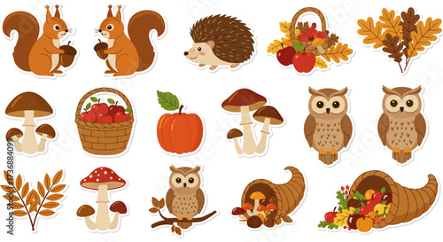 Fall harvest illustration with cute woodland animals and cornucopia for autumn season creating festive atmosphere perfect for seasonal graphic design.