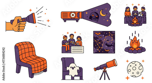 halloween movie night with friends around campfire using a projector and watching the moon with a telescope for a cozy autumn evening