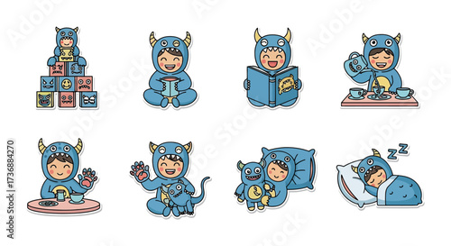 Little boy in monster costume playing reading and sleeping engaging in imaginative play at home ideal for childrens content and pajamas