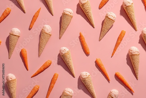 Playful top-down composition of ice cream cones and carrots arranged on a pink background