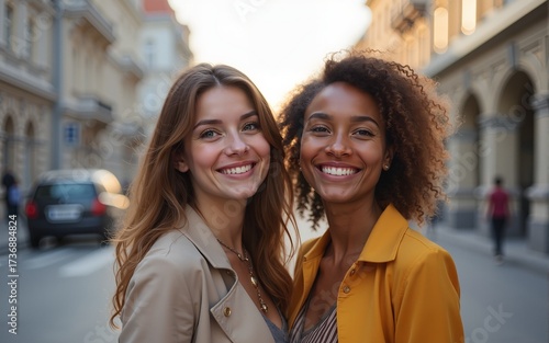 Wallpaper Mural Two women smiling confident having video call at street. High quality Torontodigital.ca