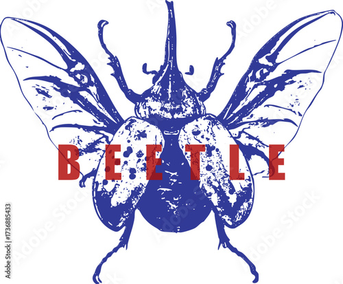 Flying Hercules Beetle, Long Horn, Wings Spread, Blue Stipple Sketch, Red Text Graphic, High Contrast Vintage T-Shirt Design, Entomology Art, Isolated.