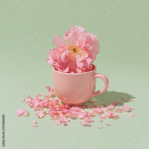 Pink cherry blossom fills a cup, petals scattered, against a pale green backdrop