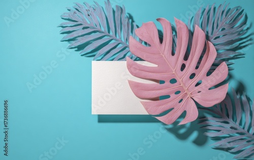 Tropical arrangement with pink and blue leaves, white card on a vibrant turquoise background