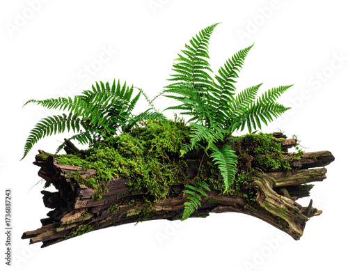 Old jungle trunk covered with moss and ferns, isolated on transparent background